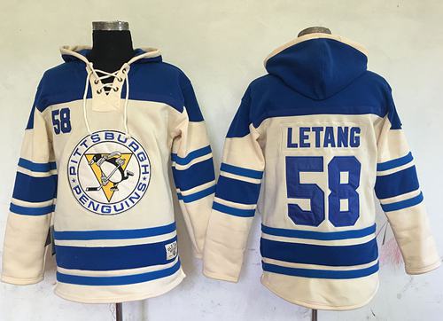 Penguins #58 Kris Letang Cream Sawyer Hooded Sweatshirt Stitched NHL Jersey - Click Image to Close